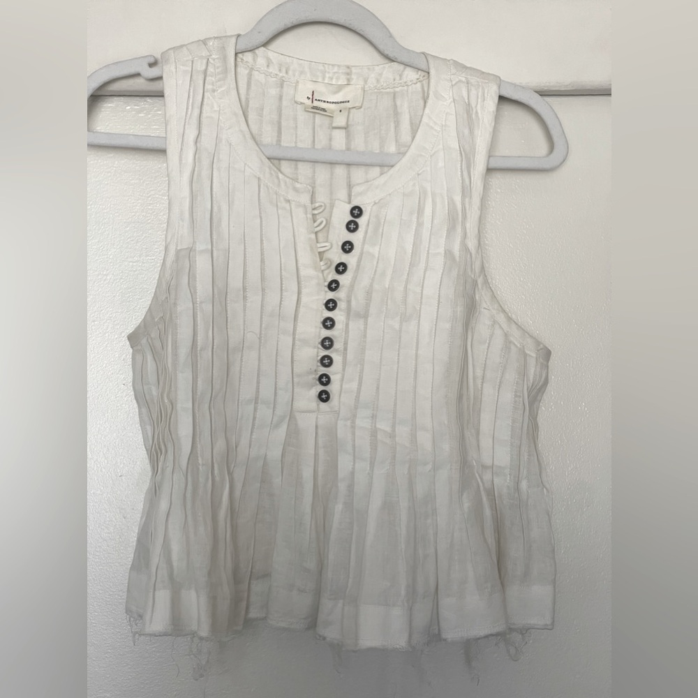 Anthropologie White Sleeveless Pleated Button-Front Blouse
